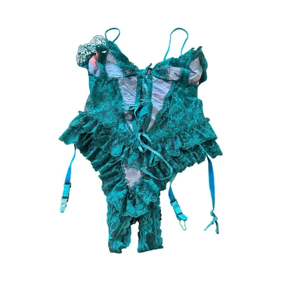 Frederick's of Hollywood Crotchless Lace Slit Bust Teddy Garters Sz L Lingerie - Picture 7 of 12